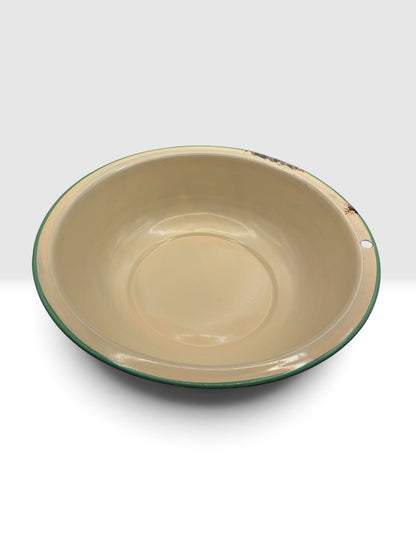 Antique Yellow Enamelware Wash Basin with Green Rim, c. 1920s–1940s