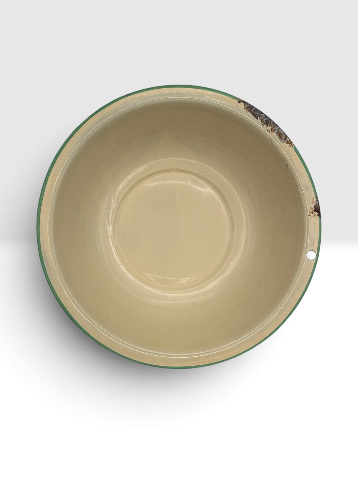 Antique Yellow Enamelware Wash Basin with Green Rim, c. 1920s–1940s
