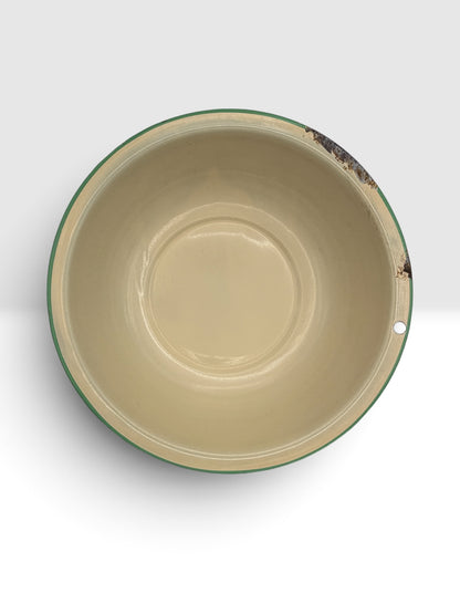 Antique Yellow Enamelware Wash Basin with Green Rim, c. 1920s–1940s