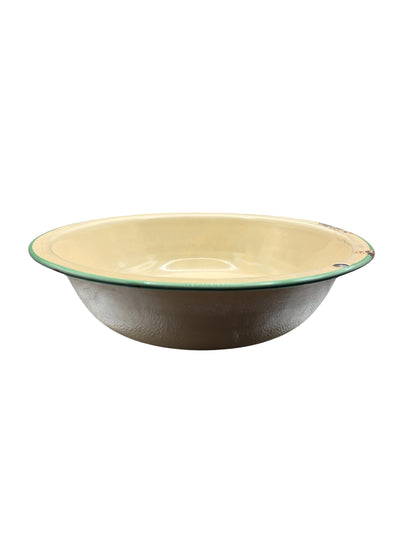 Antique Yellow Enamelware Wash Basin with Green Rim, c. 1920s–1940s