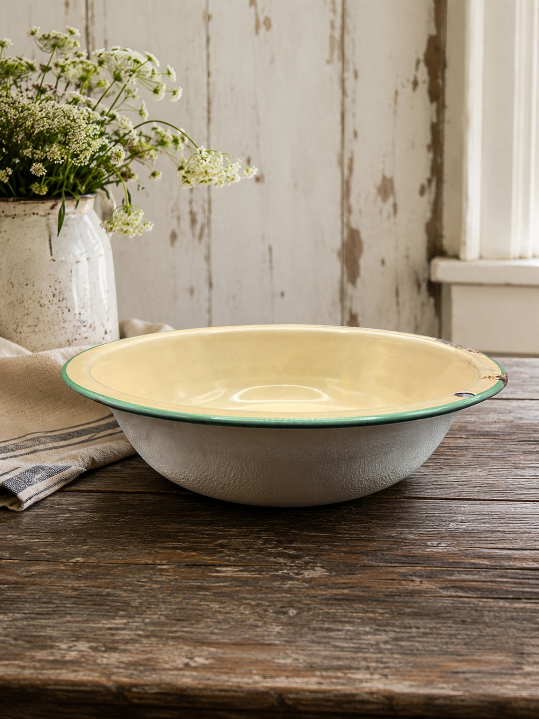 Antique Yellow Enamelware Wash Basin with Green Rim, c. 1920s–1940s