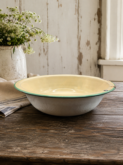 Antique Yellow Enamelware Wash Basin with Green Rim, c. 1920s–1940s