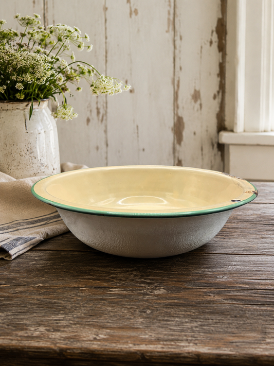 Antique Yellow Enamelware Wash Basin with Green Rim, c. 1920s–1940s
