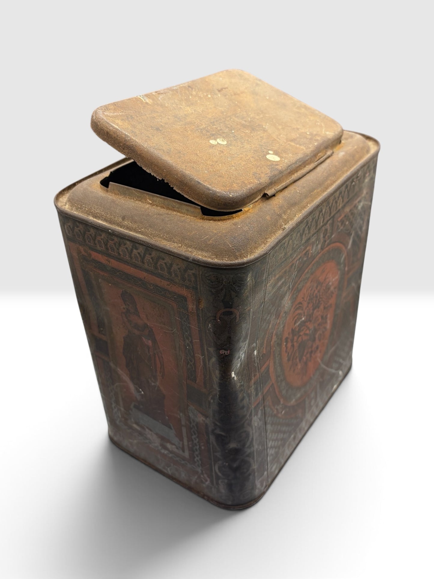 Antique Lithographed Tin Canister with Classical Figures, c. 1900–1920