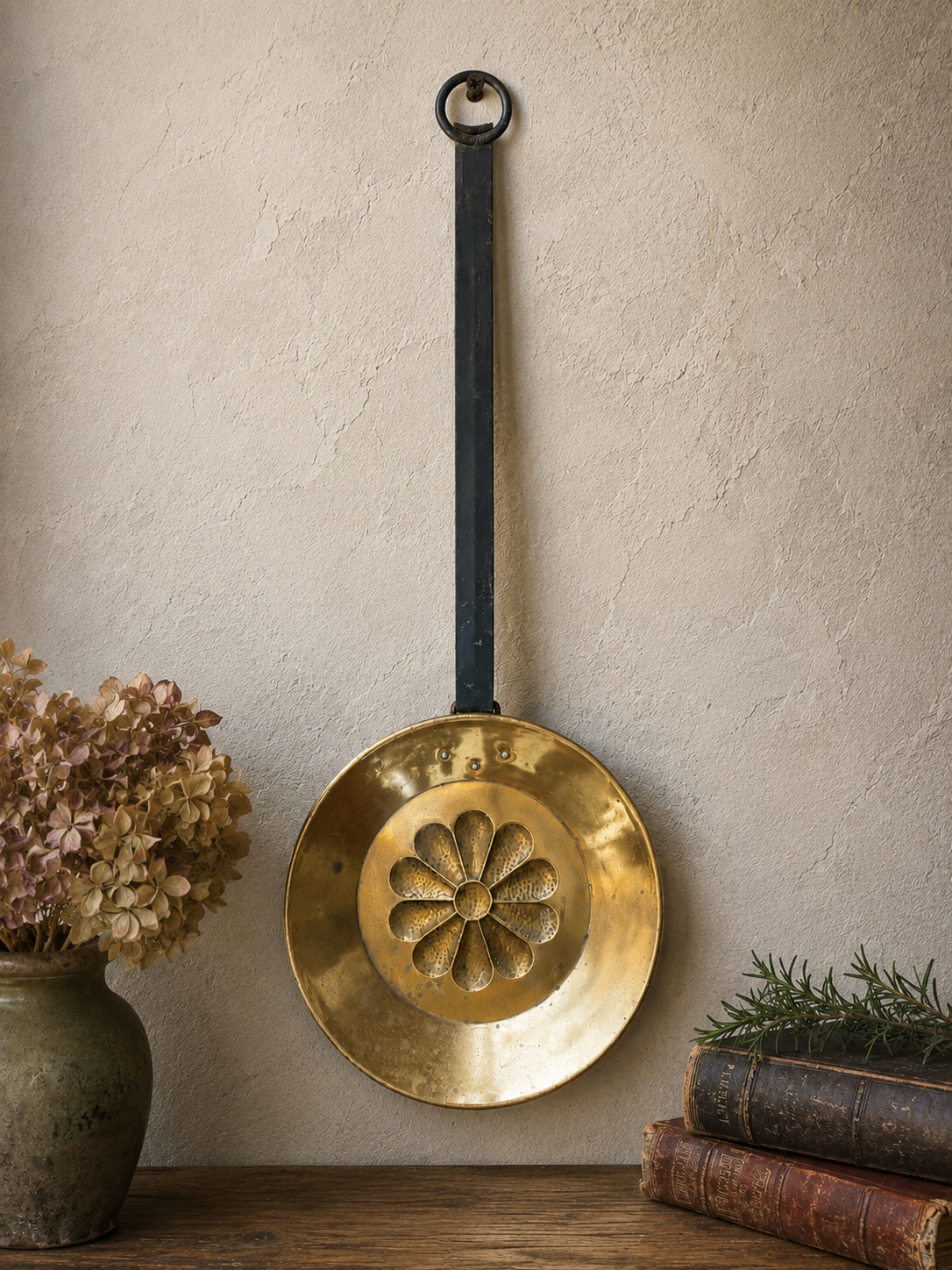Vintage Brass Hanging Hearth Pan with Forged Iron Handle