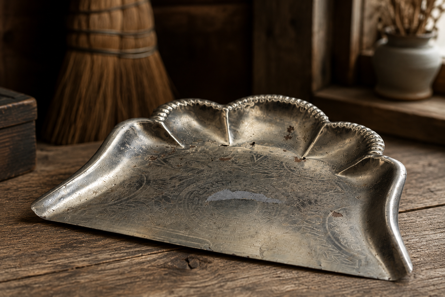 Victorian Engraved Silverplate Dustpan with Greek Key Motif c. 1880 to 1910
