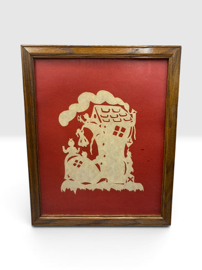 Vintage Framed Scherenschnitte Cottage Paper Cut Silhouette on Red Ground