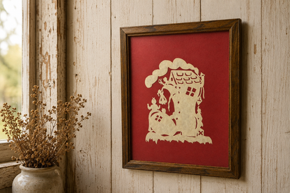 Vintage Framed Scherenschnitte Cottage Paper Cut Silhouette on Red Ground