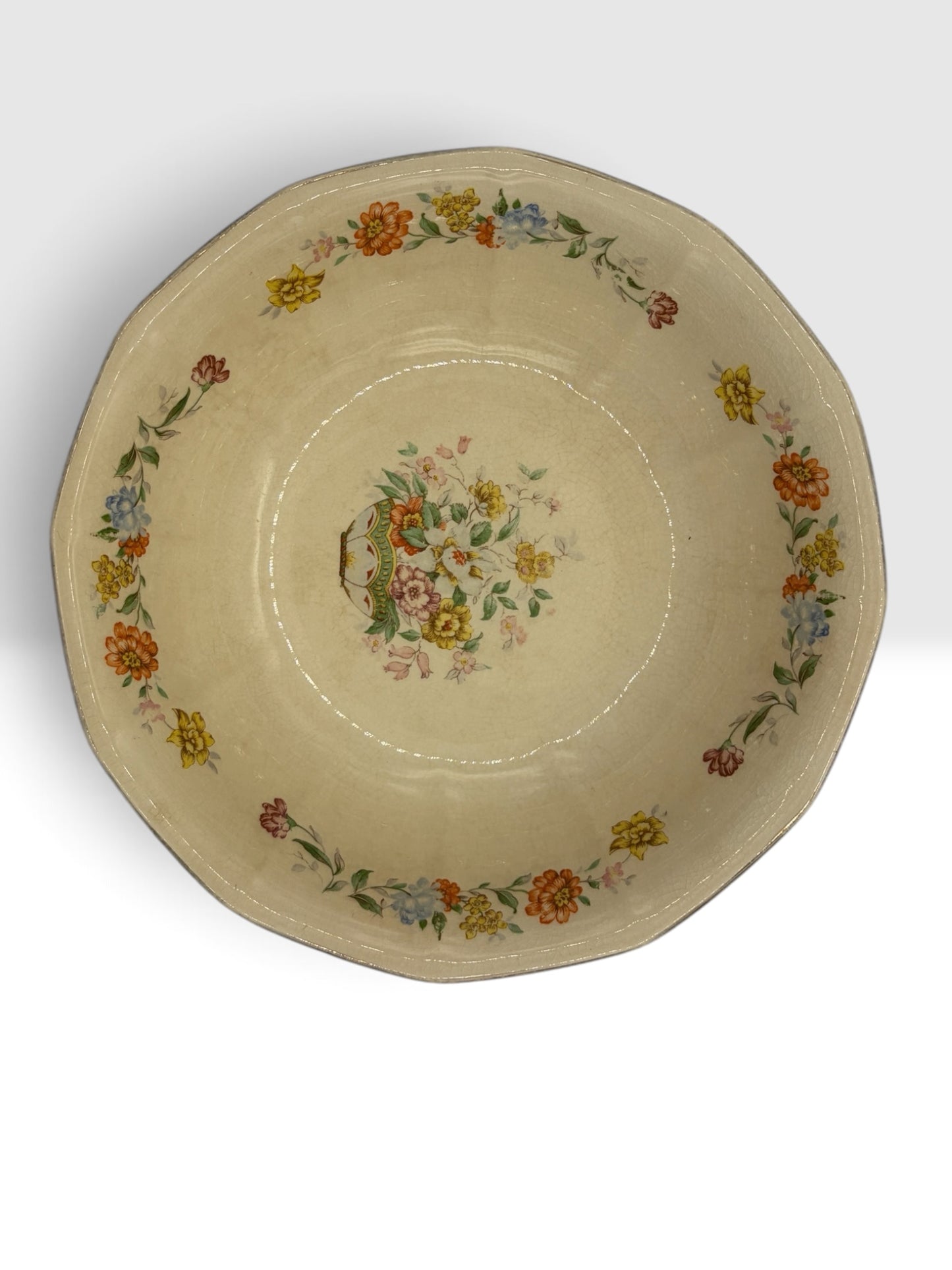 Blue Seal Ivory Floral Serving Bowl – Made in U.S.A. – Vintage Ironstone c. 1940–1960