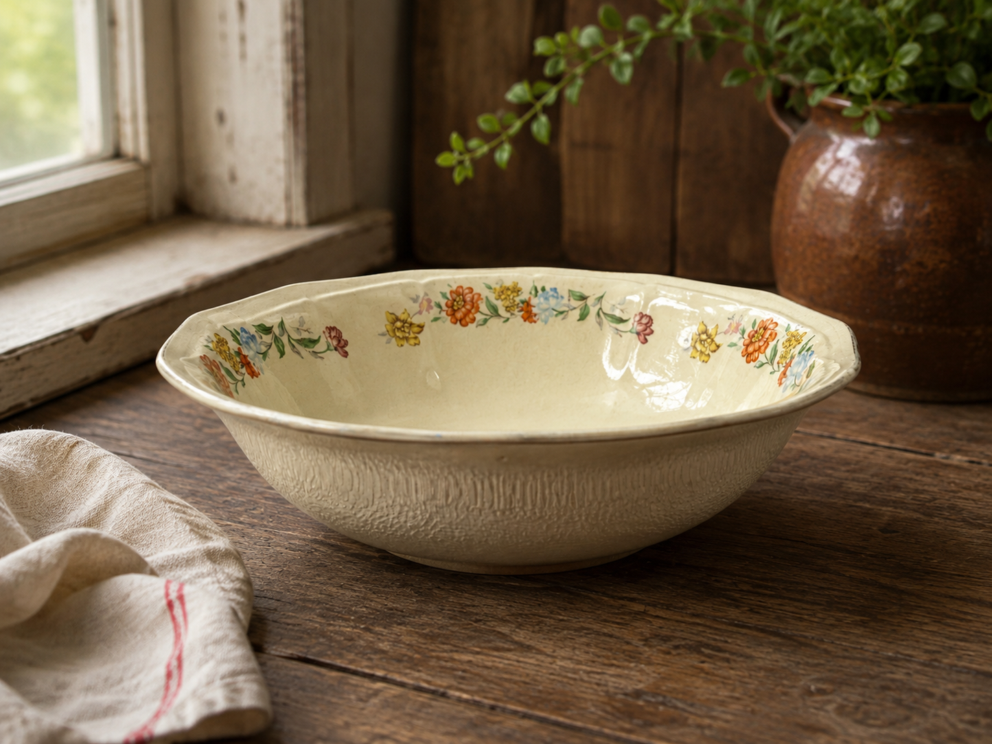 Blue Seal Ivory Floral Serving Bowl – Made in U.S.A. – Vintage Ironstone c. 1940–1960