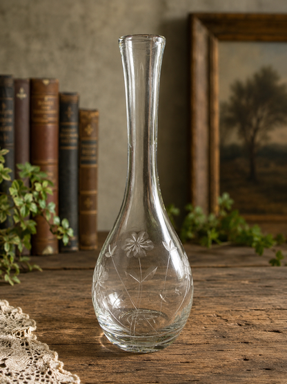 Vintage Etched Floral Glass Bud Vase | Frosted Botanical Engraved Vase