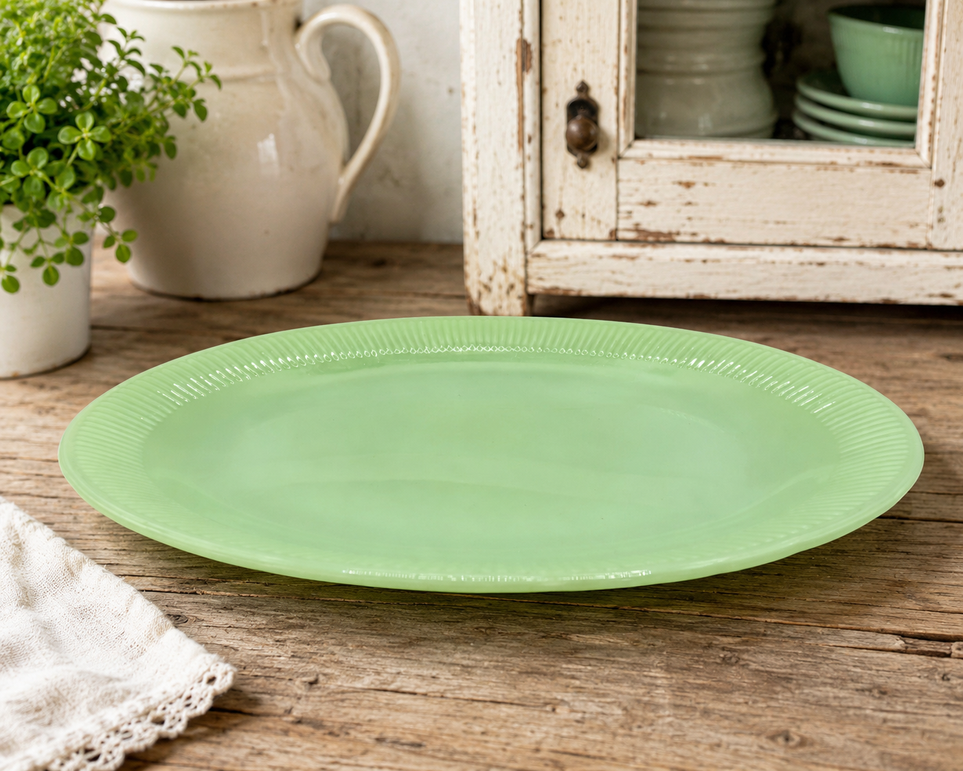 Vintage Jadite Glass Oval Serving Platter with Fluted Rim, 12 x 9