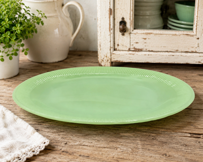 Vintage Jadite Glass Oval Serving Platter with Fluted Rim, 12 x 9