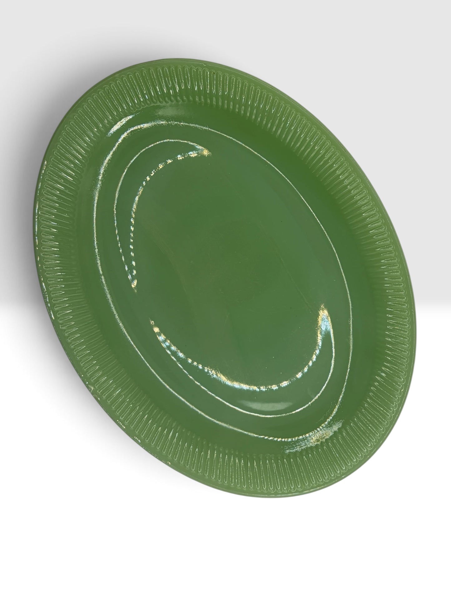 Vintage Jadite Glass Oval Serving Platter with Fluted Rim, 12 x 9