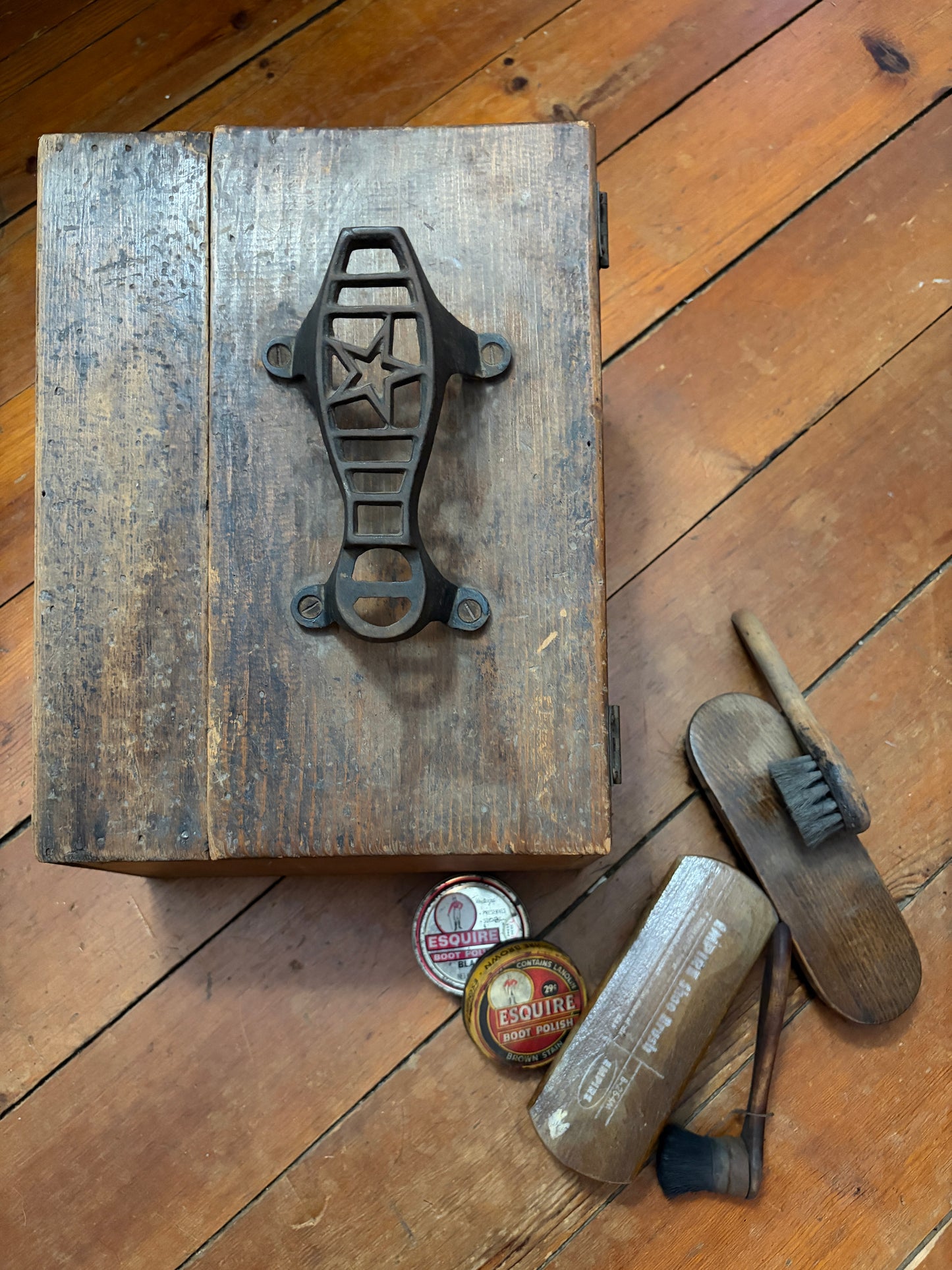 Antique Wooden Shoe Shine Box with Cast Iron Handle & Accessories c. 1910–1935