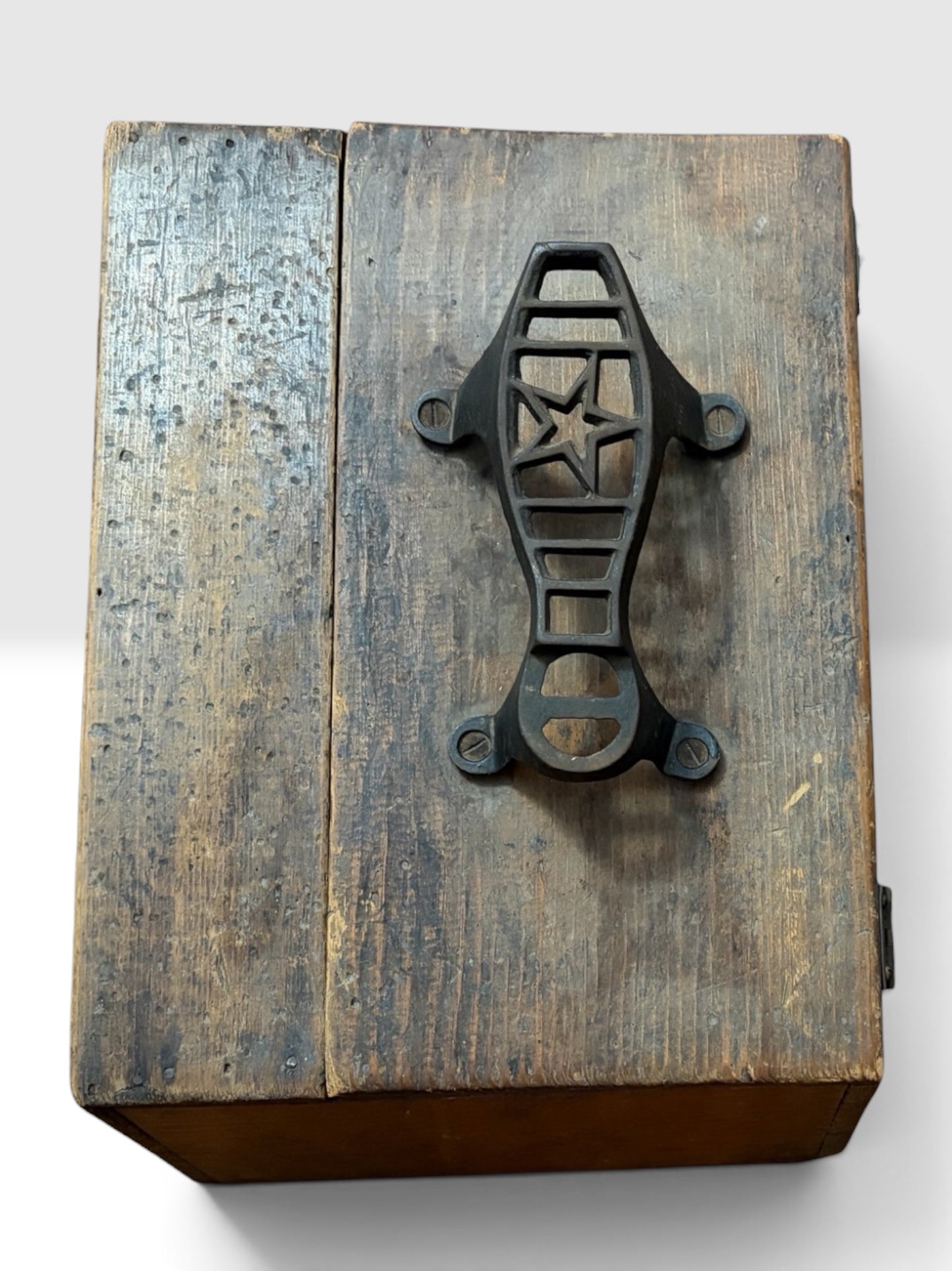 Antique Wooden Shoe Shine Box with Cast Iron Handle & Accessories c. 1910–1935