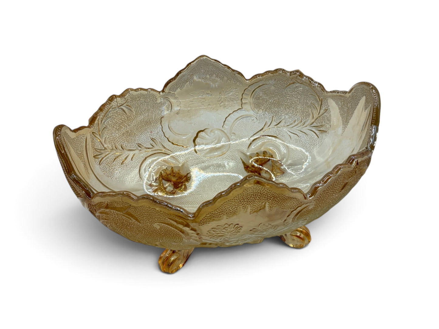 Vintage Amber Carnival Glass Footed Candy Bowl with Scalloped Rim