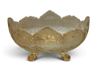 Vintage Amber Carnival Glass Footed Candy Bowl with Scalloped Rim