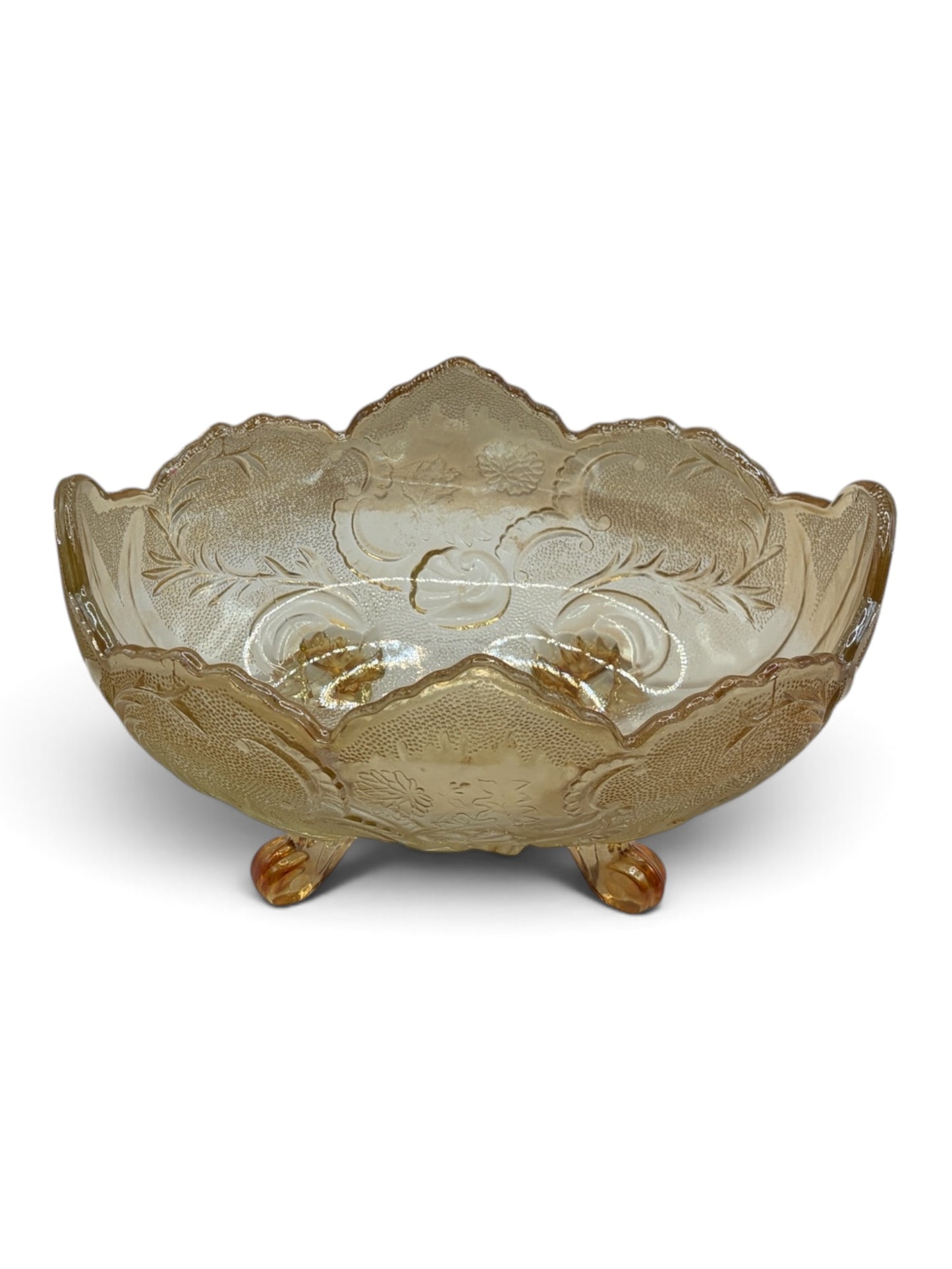 Vintage Amber Carnival Glass Footed Candy Bowl with Scalloped Rim