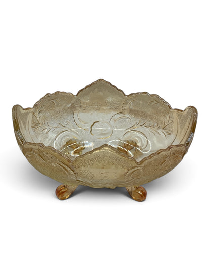 Vintage Amber Carnival Glass Footed Candy Bowl with Scalloped Rim
