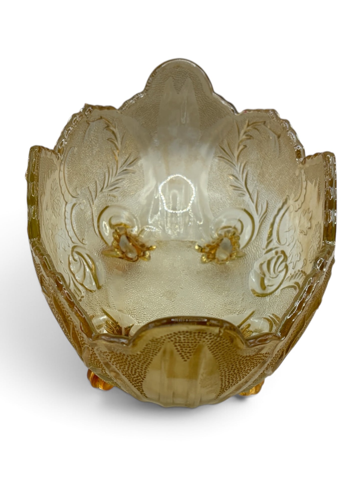 Vintage Amber Carnival Glass Footed Candy Bowl with Scalloped Rim