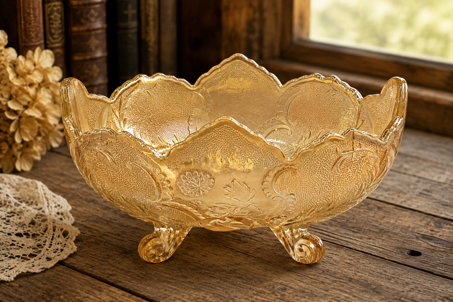 Vintage Amber Carnival Glass Footed Candy Bowl with Scalloped Rim
