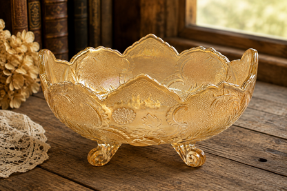 Vintage Amber Carnival Glass Footed Candy Bowl with Scalloped Rim