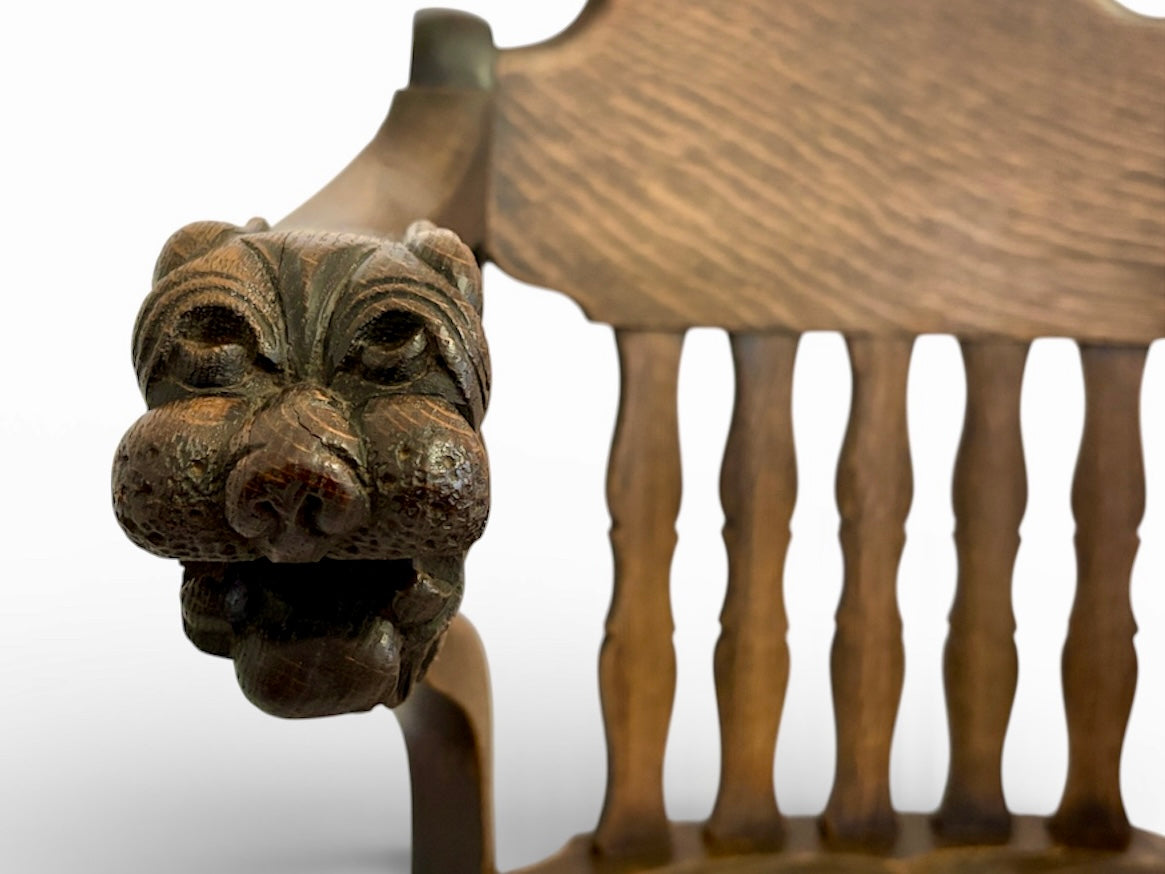 Edwardian Carved Lion-Head Oak Armchair (c. 1905–1915)