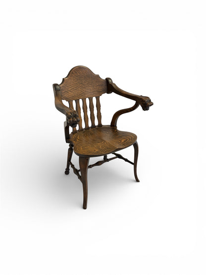 Edwardian Carved Lion-Head Oak Armchair (c. 1905–1915)