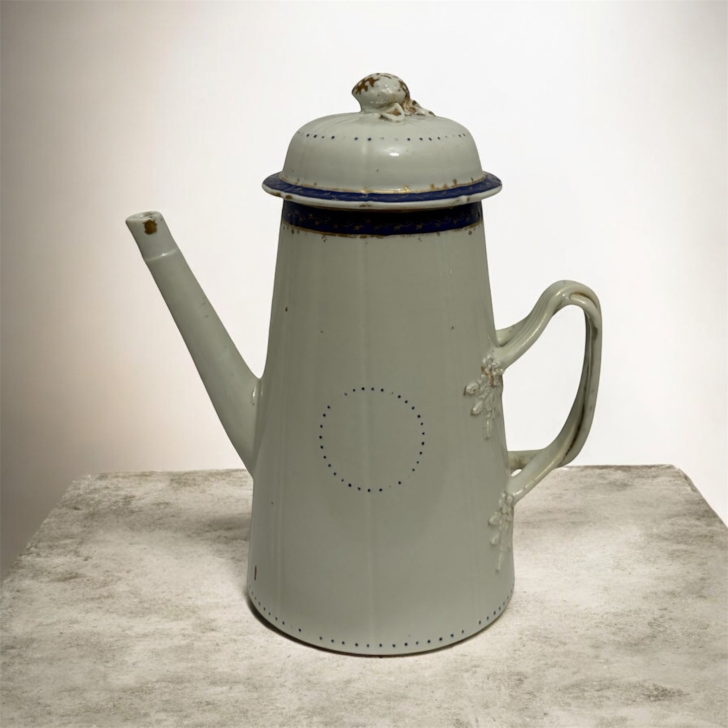 Antique Enamelware Coffee Pot, Circa 1900–1920, White with Blue Trim