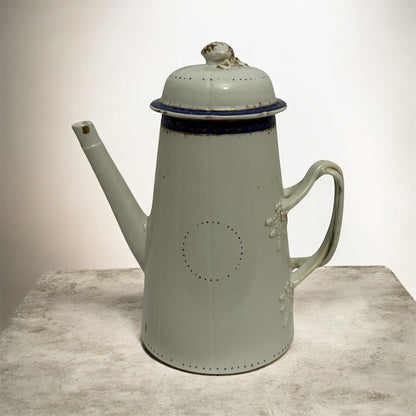 Antique Enamelware Coffee Pot, Circa 1900–1920, White with Blue Trim
