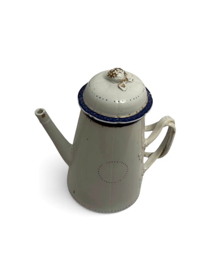 Antique Enamelware Coffee Pot, Circa 1900–1920, White with Blue Trim