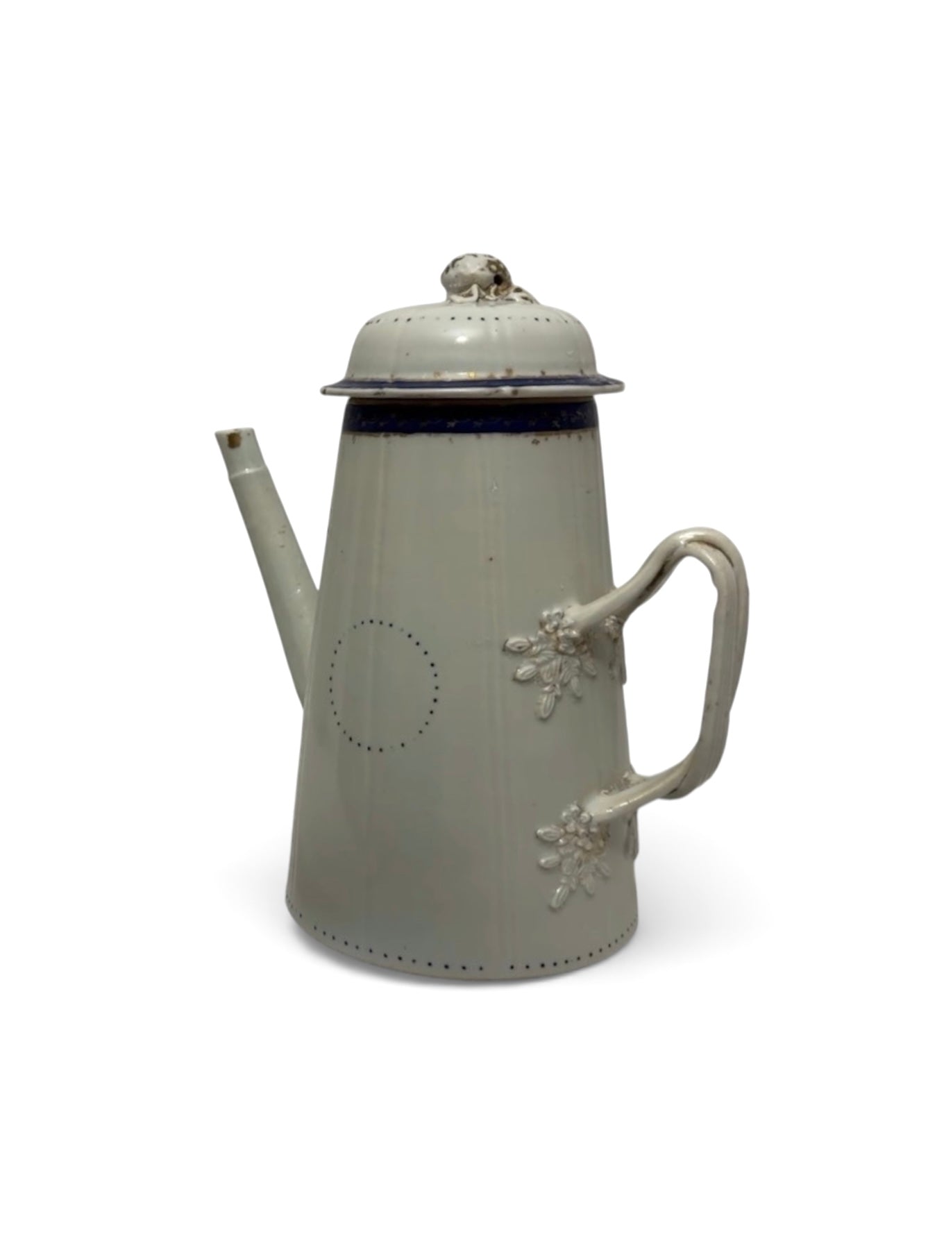 Antique Enamelware Coffee Pot, Circa 1900–1920, White with Blue Trim