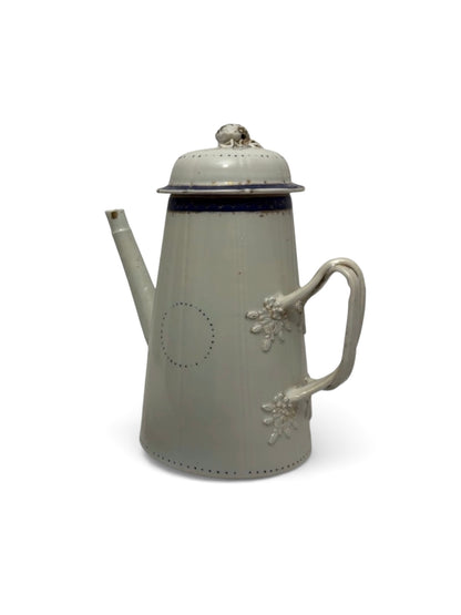 Antique Enamelware Coffee Pot, Circa 1900–1920, White with Blue Trim