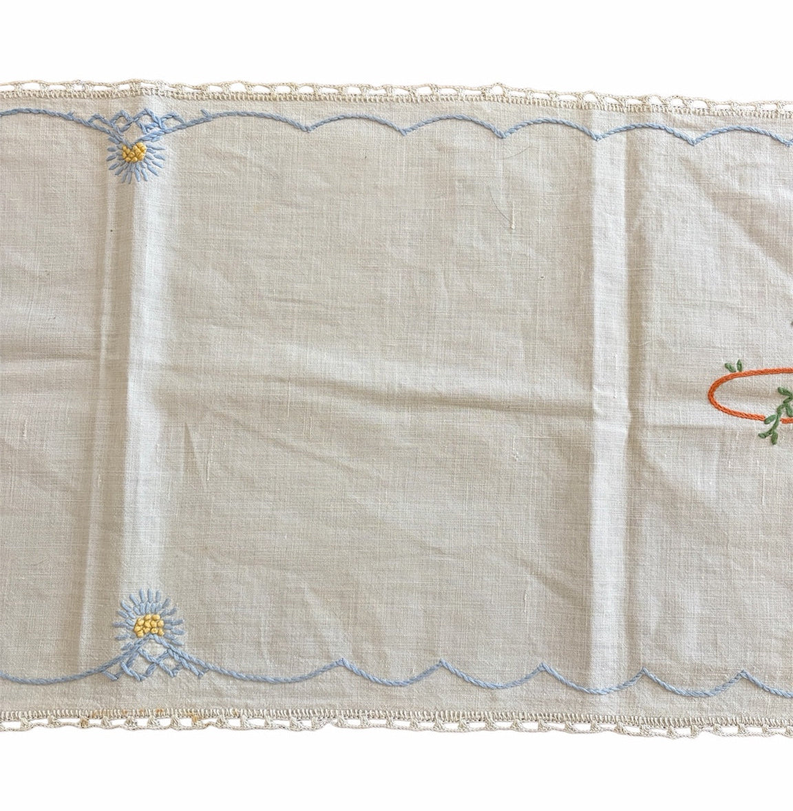 Vintage Hand-Embroidered Linen Table Runner with Floral Basket Motif and Crocheted Lace Edge, c.1930s