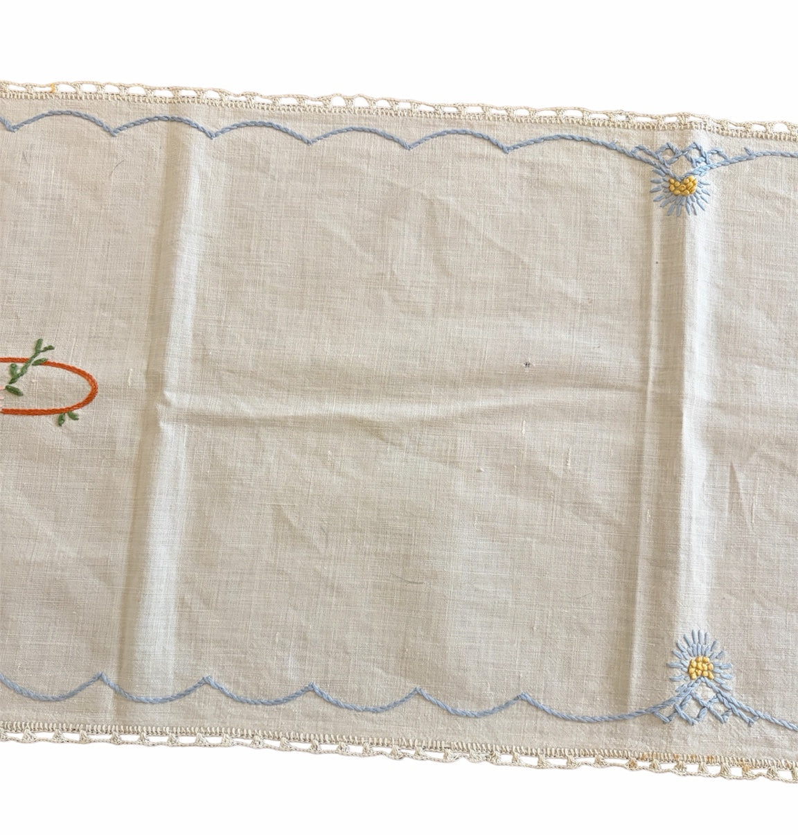 Vintage Hand-Embroidered Linen Table Runner with Floral Basket Motif and Crocheted Lace Edge, c.1930s