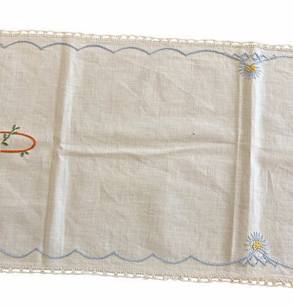 Vintage Hand-Embroidered Linen Table Runner with Floral Basket Motif and Crocheted Lace Edge, c.1930s