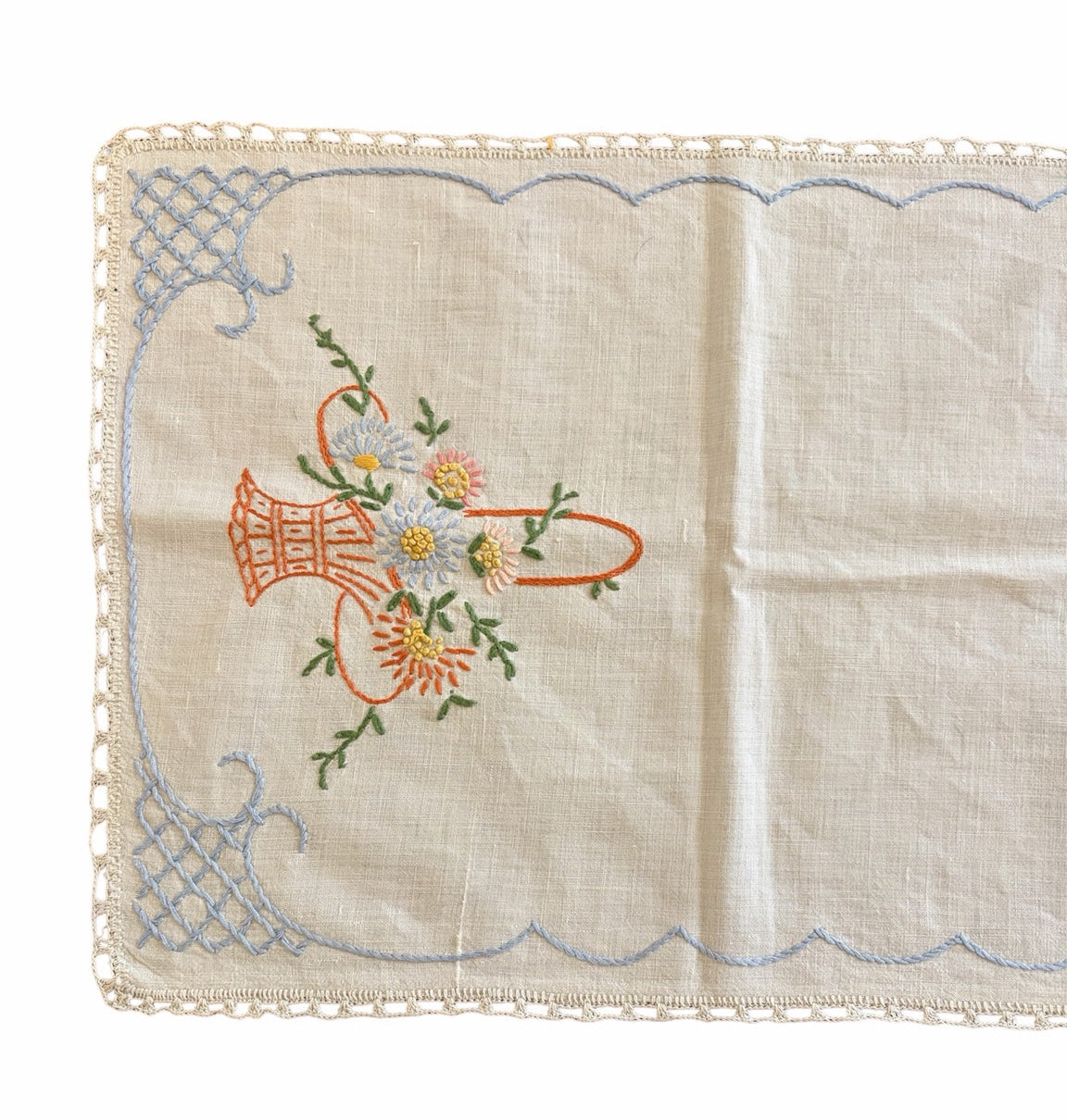 Vintage Hand-Embroidered Linen Table Runner with Floral Basket Motif and Crocheted Lace Edge, c.1930s