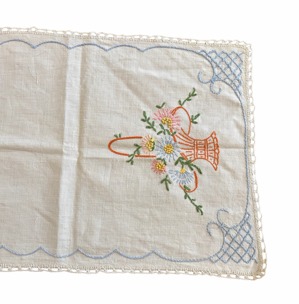 Vintage Hand-Embroidered Linen Table Runner with Floral Basket Motif and Crocheted Lace Edge, c.1930s