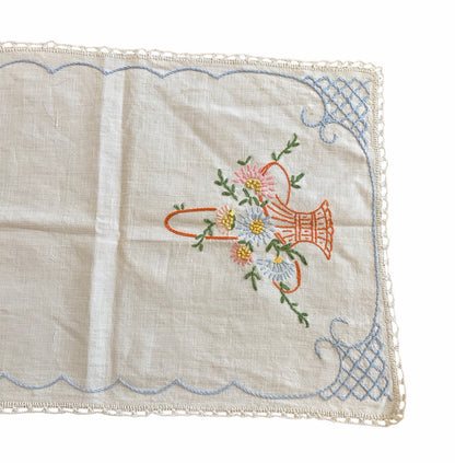 Vintage Hand-Embroidered Linen Table Runner with Floral Basket Motif and Crocheted Lace Edge, c.1930s