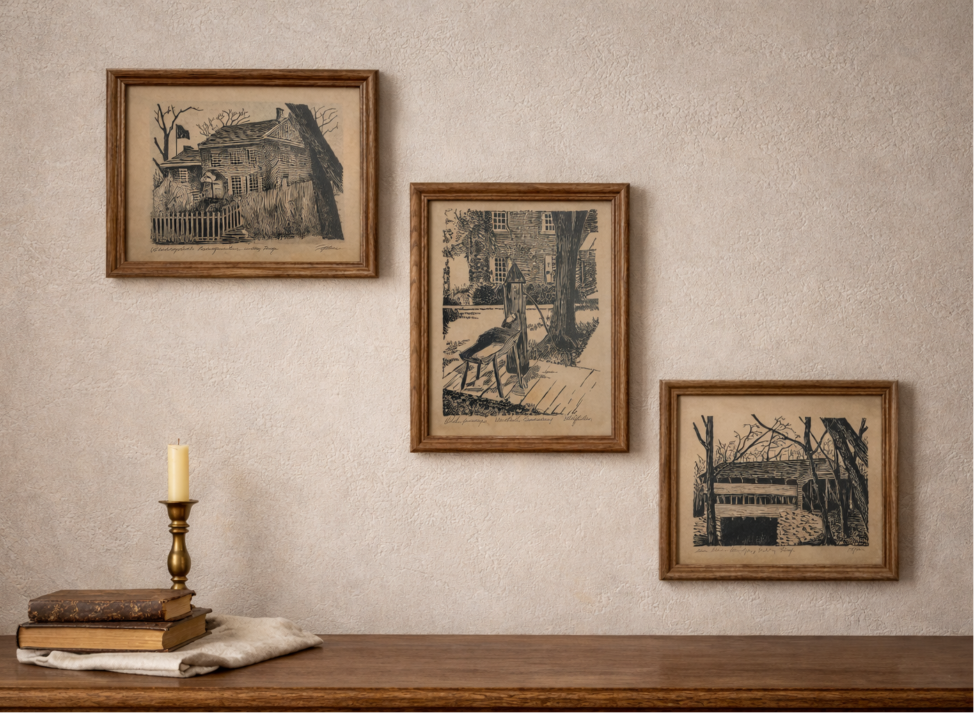 Vintage Valley Forge Architectural Prints – Signed “Taylor” – Mid-Century Colonial Revival Linocut Set (3)