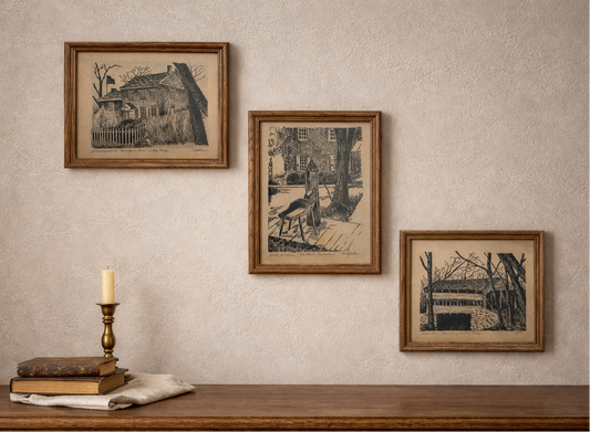 Vintage Valley Forge Architectural Prints – Signed “Taylor” – Mid-Century Colonial Revival Linocut Set (3)