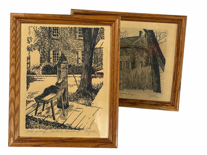 Vintage Valley Forge Architectural Prints – Signed “Taylor” – Mid-Century Colonial Revival Linocut Set (3)