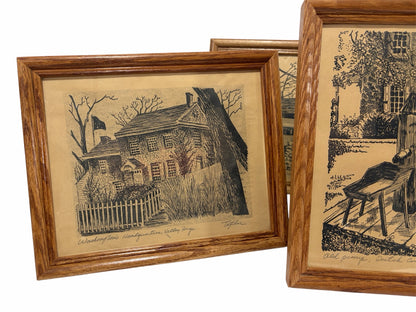 Vintage Valley Forge Architectural Prints – Signed “Taylor” – Mid-Century Colonial Revival Linocut Set (3)