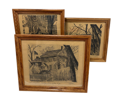 Vintage Valley Forge Architectural Prints – Signed “Taylor” – Mid-Century Colonial Revival Linocut Set (3)