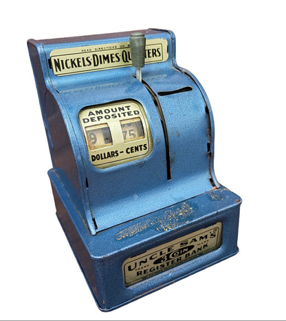 Vintage 1940s “Uncle Sam’s 3 Coin Register Bank” – Durable Toy & Novelty Co. Mechanical Coin Bank