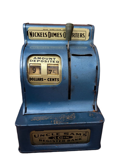 Vintage 1940s “Uncle Sam’s 3 Coin Register Bank” – Durable Toy & Novelty Co. Mechanical Coin Bank