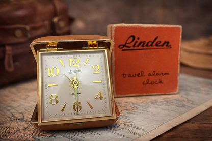 Vintage Linden Folding Travel Alarm Clock with Original Box, Made in Japan, c.1960s