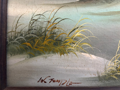 Mid-Century Coastal Dunes Painting by W. Temple | Vintage Beach Landscape in Mexican Carved Frame
