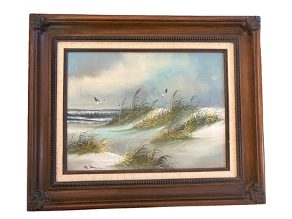 Mid-Century Coastal Dunes Painting by W. Temple | Vintage Beach Landscape in Mexican Carved Frame
